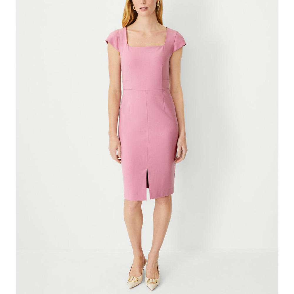 Ann Taylor 'The Scooped' Pink Square Neck Front Slit Sheath Short Sleeve Dress